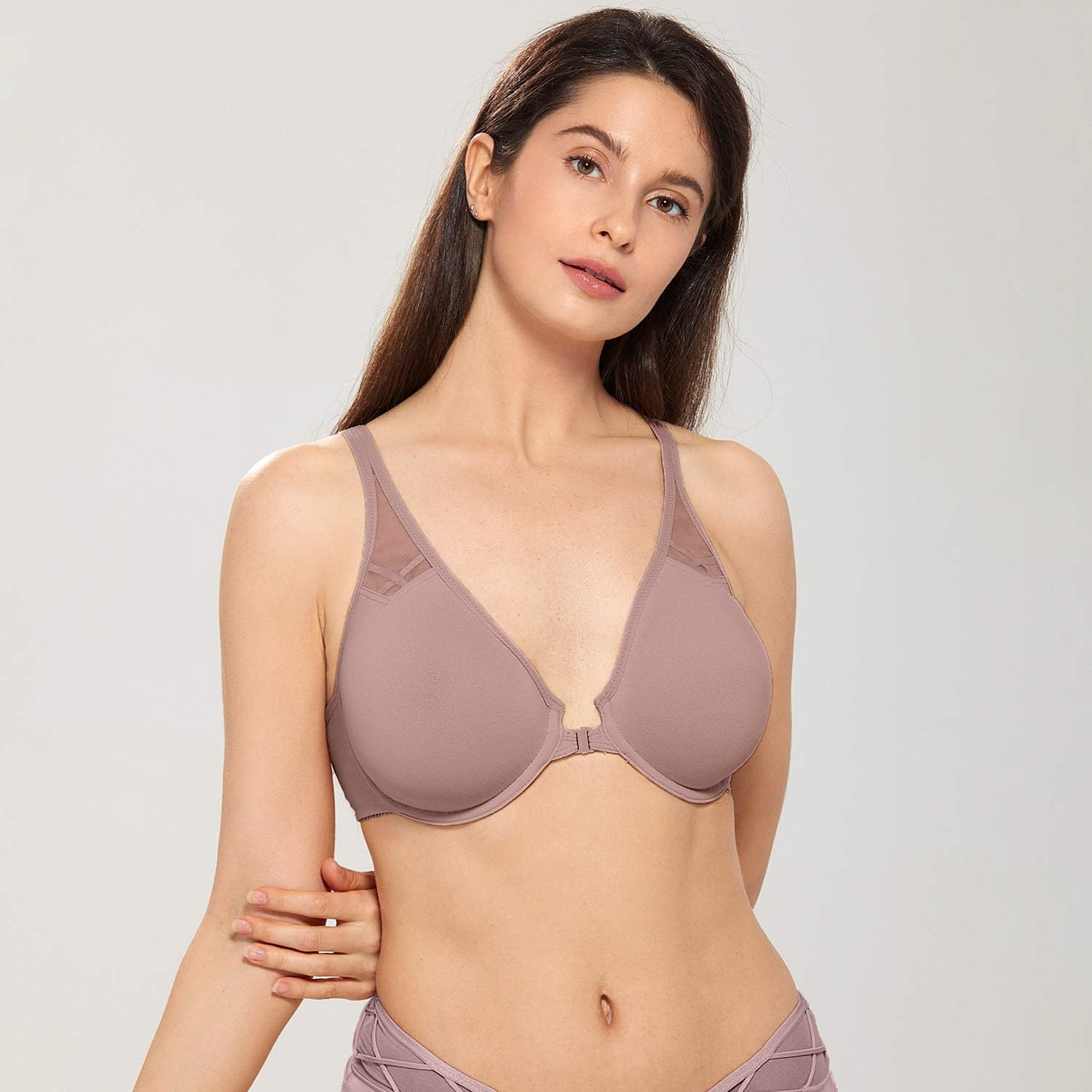 image:imageDELIMIRA Womens Front Closure Racerback Bras Plus Size Full Coverage Supportive Underwire Plunge Unlined BraMochaccino
