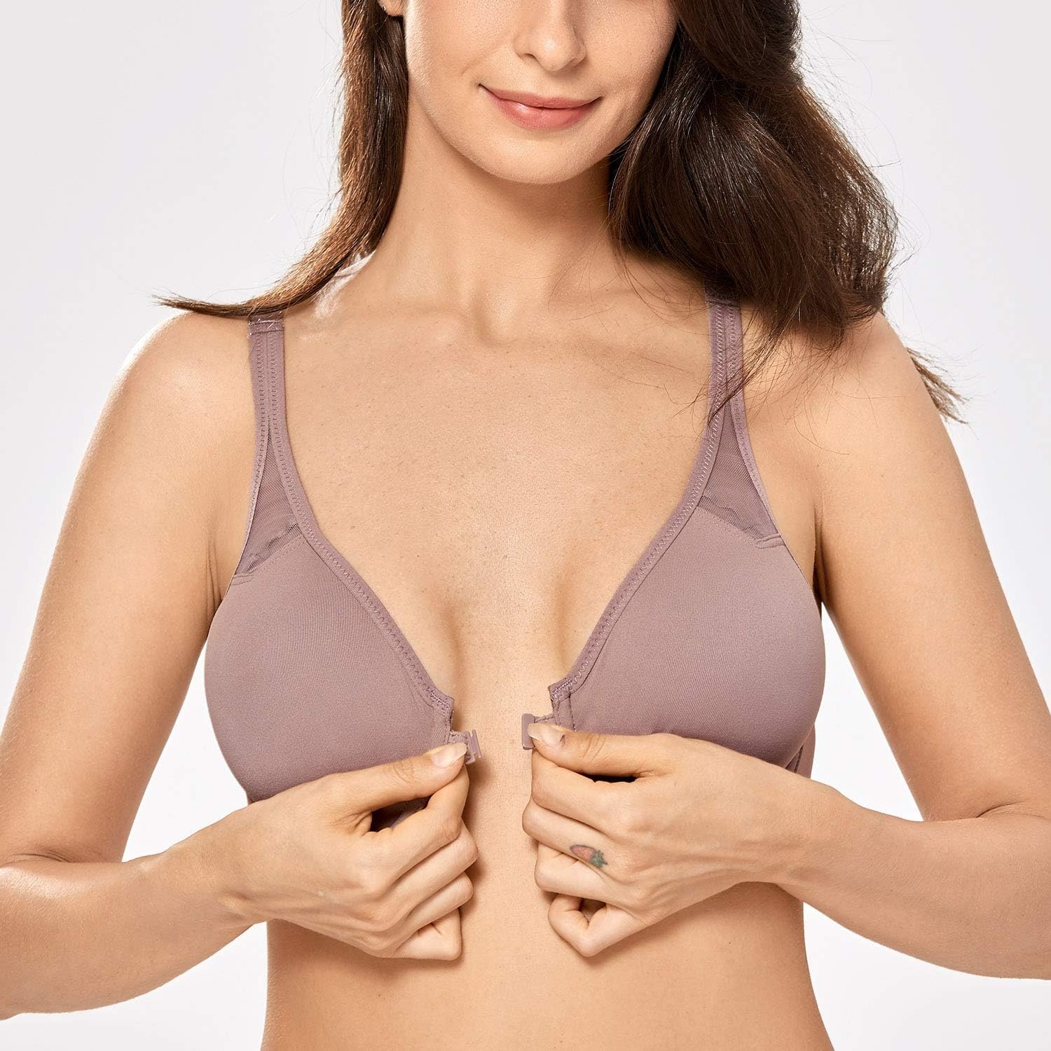 image:imageDELIMIRA Womens Front Closure Racerback Bras Plus Size Full Coverage Supportive Underwire Plunge Unlined BraMochaccino