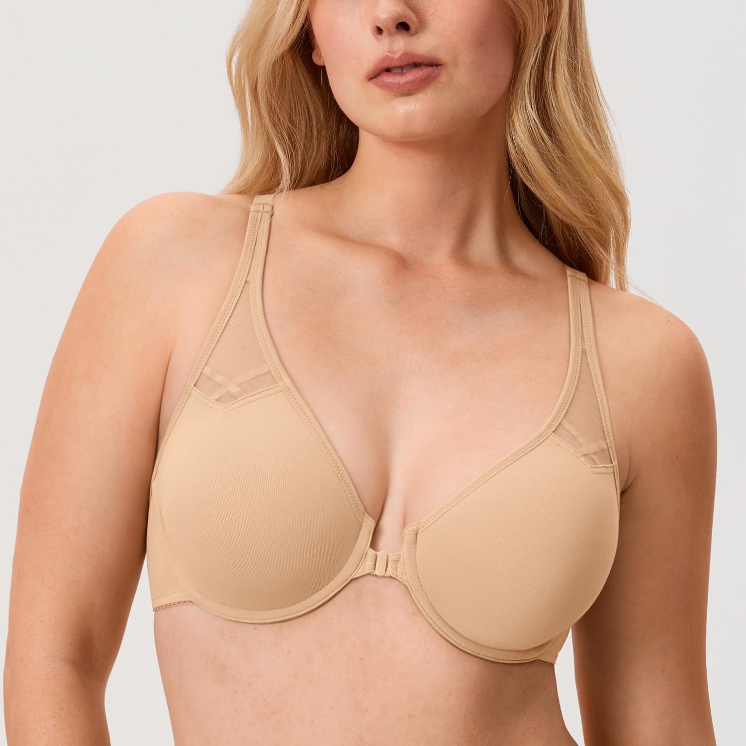image:imageDELIMIRA Womens Front Closure Racerback Bras Plus Size Full Coverage Supportive Underwire Plunge Unlined BraWarm Beige