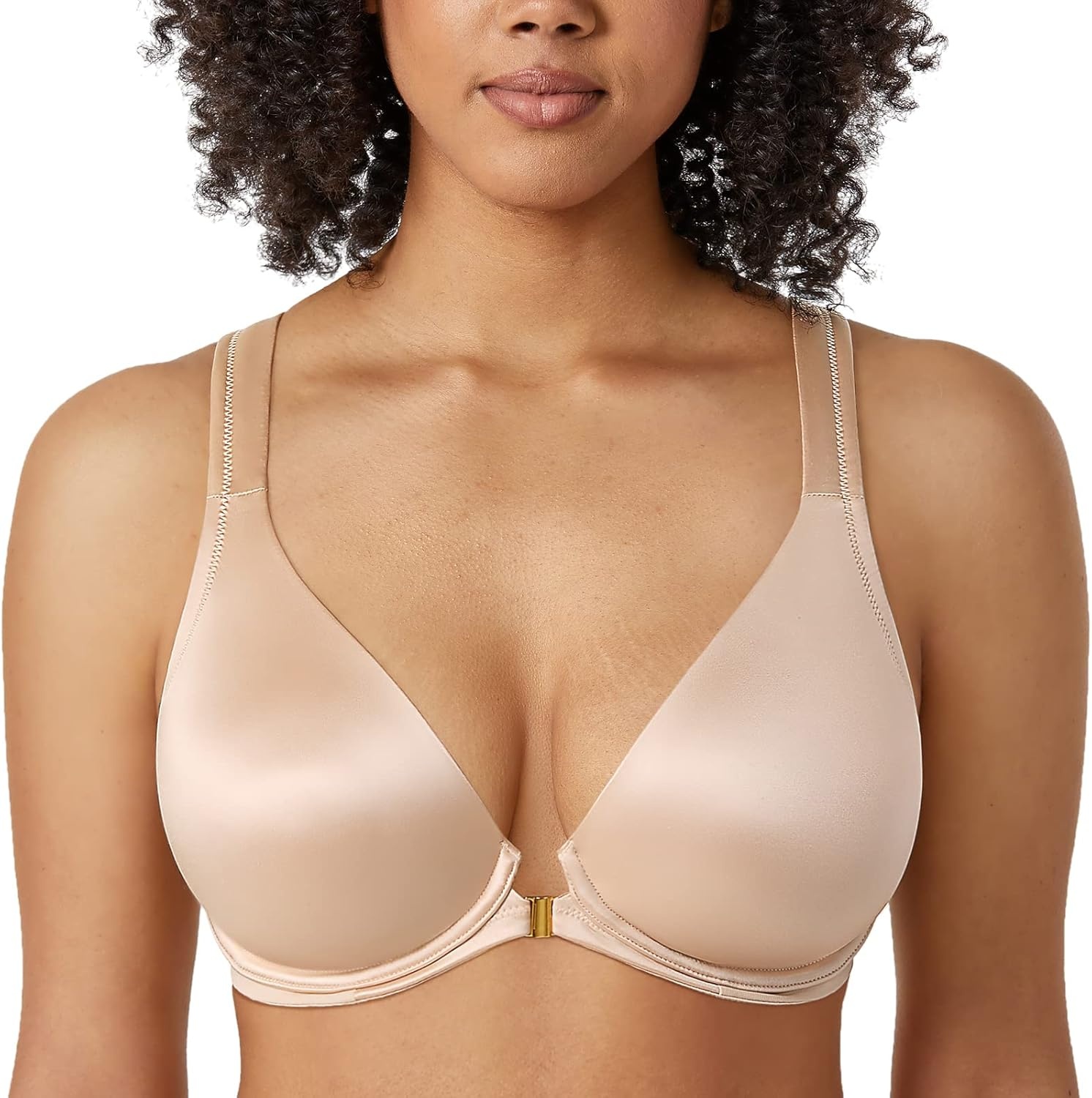 image:imageDELIMIRA Womens Front Closure Racerback Bras Plus Size Full Coverage Underwire Unlined Seamless Plunge BraBeige
