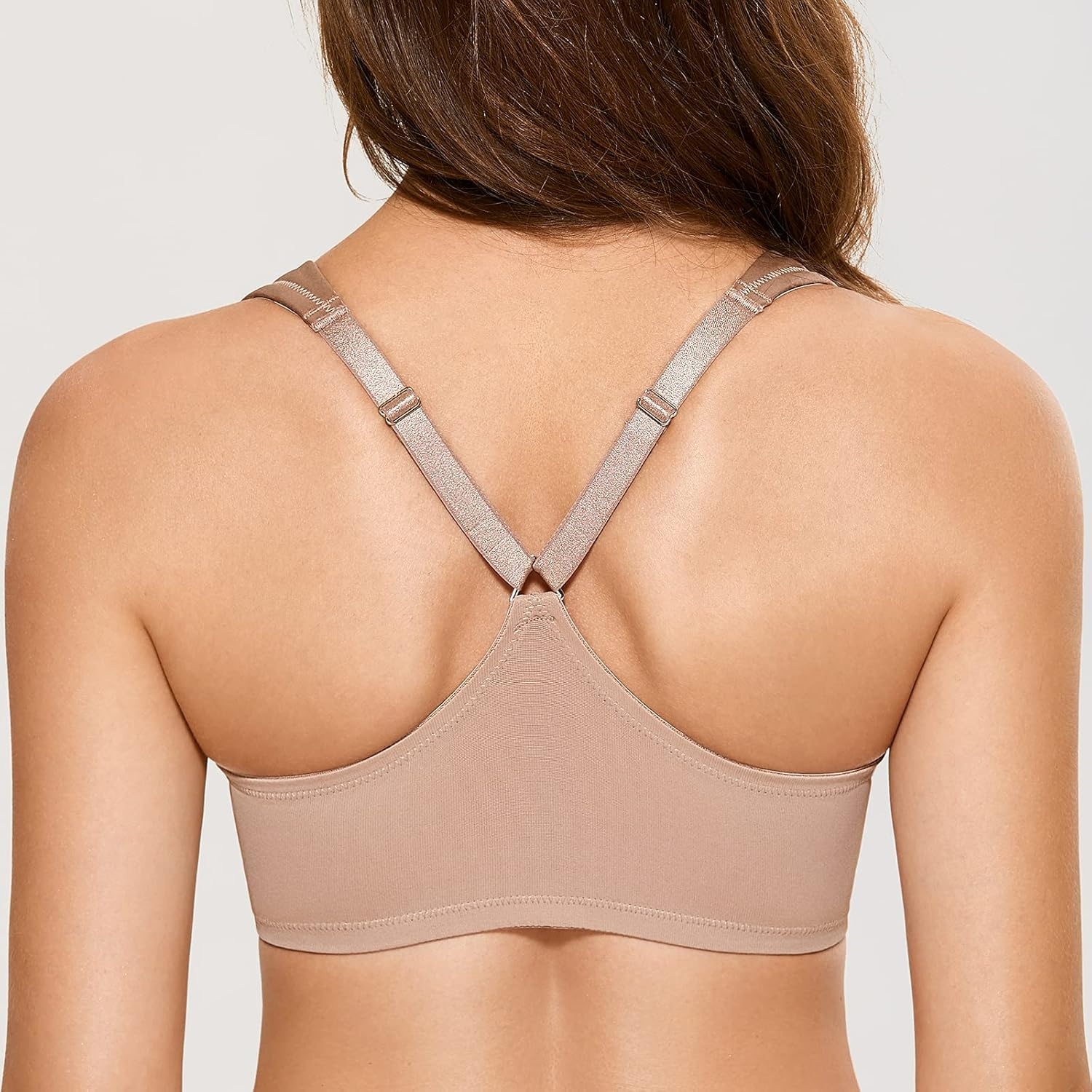 image:imageDELIMIRA Womens Front Closure Racerback Bras Plus Size Full Coverage Underwire Unlined Seamless Plunge BraNude