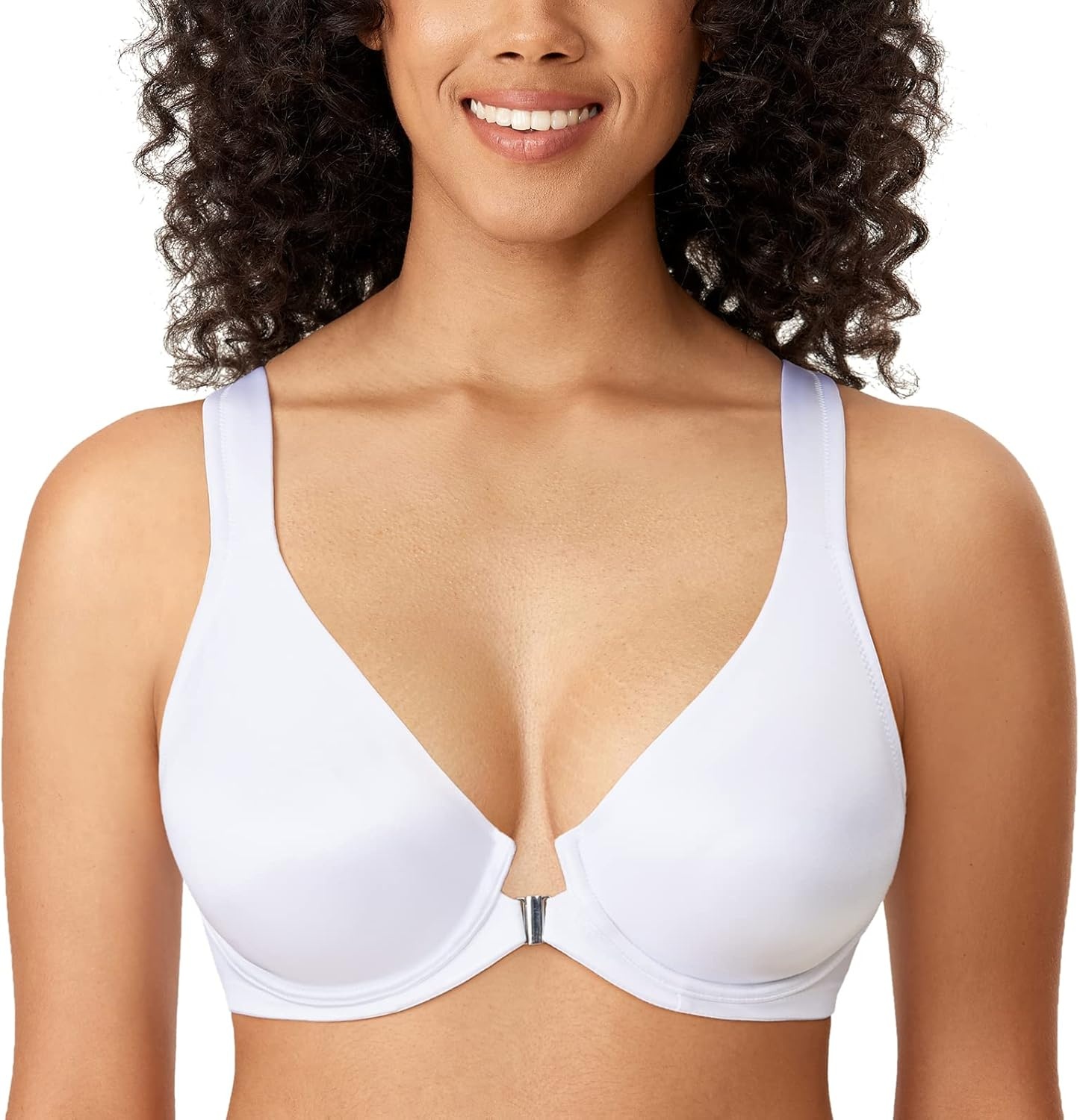 image:imageDELIMIRA Womens Front Closure Racerback Bras Plus Size Full Coverage Underwire Unlined Seamless Plunge BraWhite
