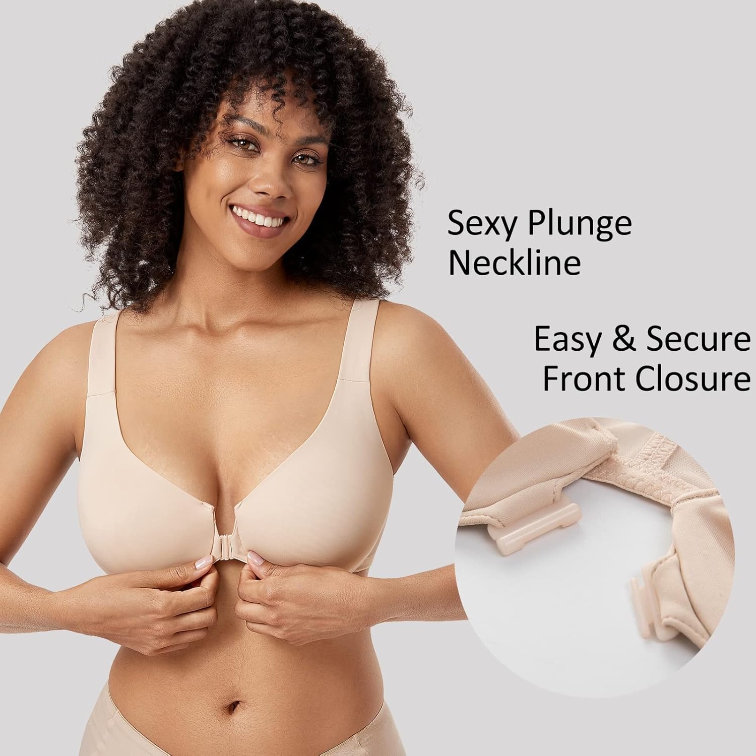 image:imageDELIMIRA Womens Front Closure Racerback Bras Plus Size Underwire Unlined Full Coverage Plunge BrasBeige