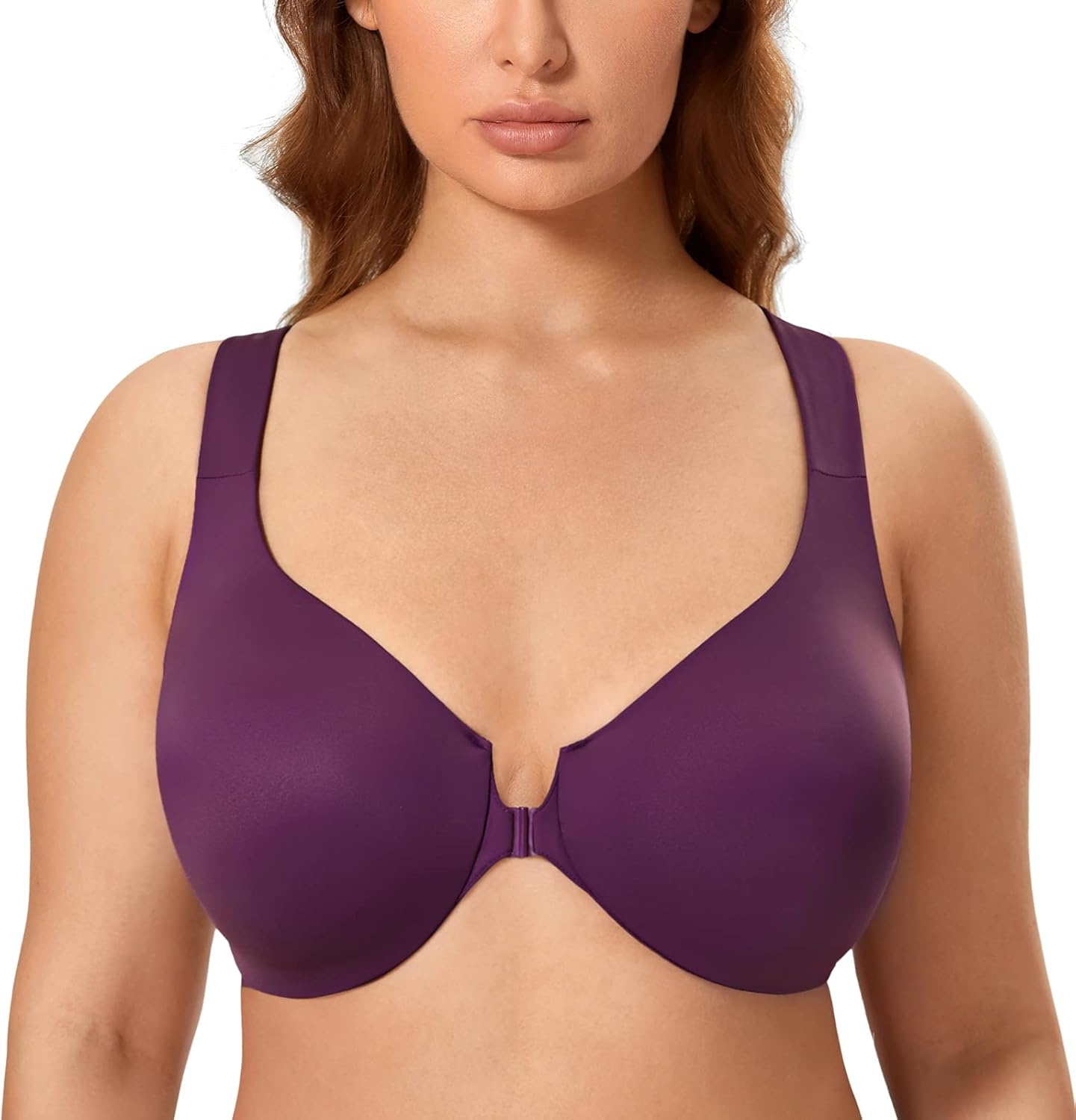 image:imageDELIMIRA Womens Front Closure Racerback Bras Plus Size Underwire Unlined Full Coverage Plunge BrasDeep Plum