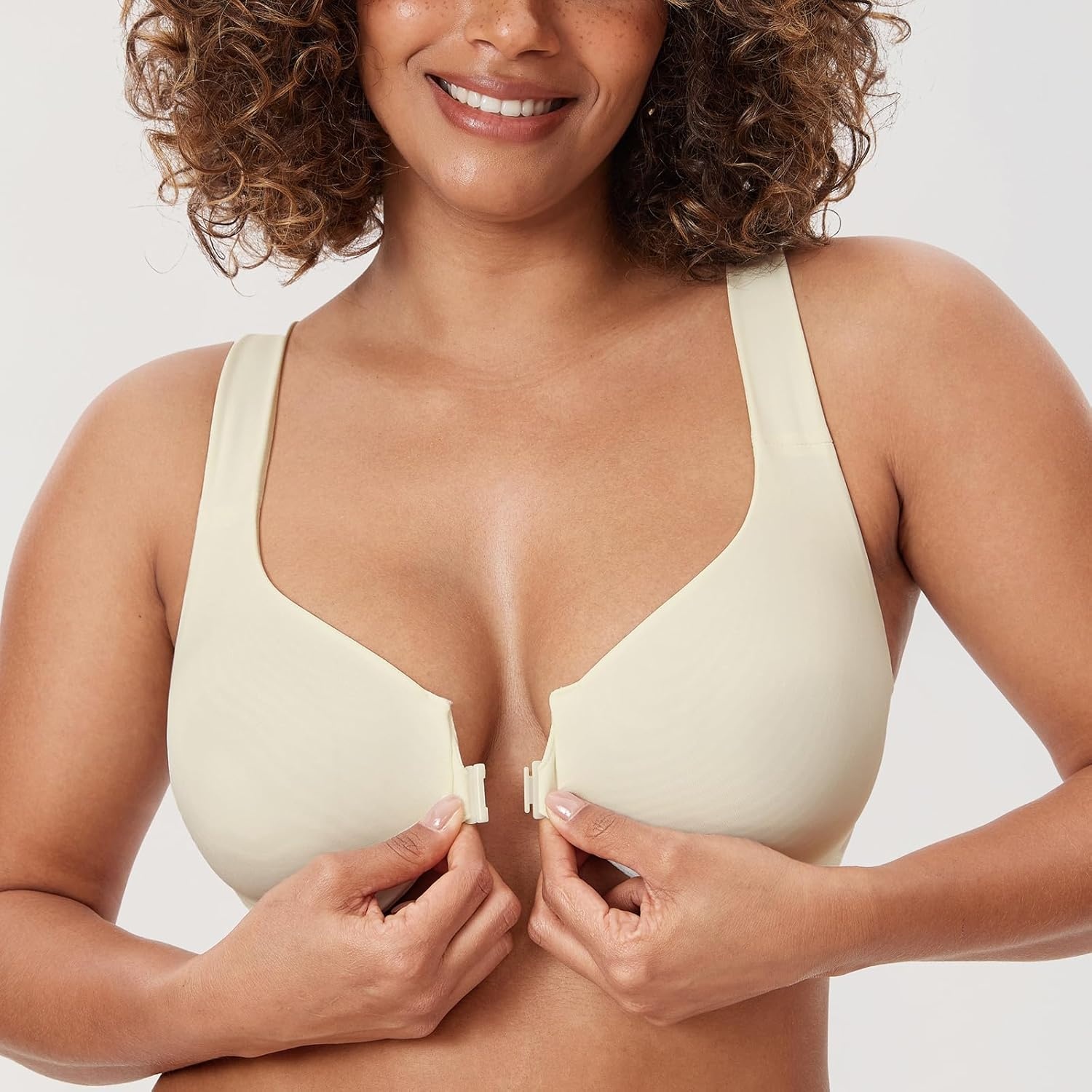 image:imageDELIMIRA Womens Front Closure Racerback Bras Plus Size Underwire Unlined Full Coverage Plunge BrasIvory