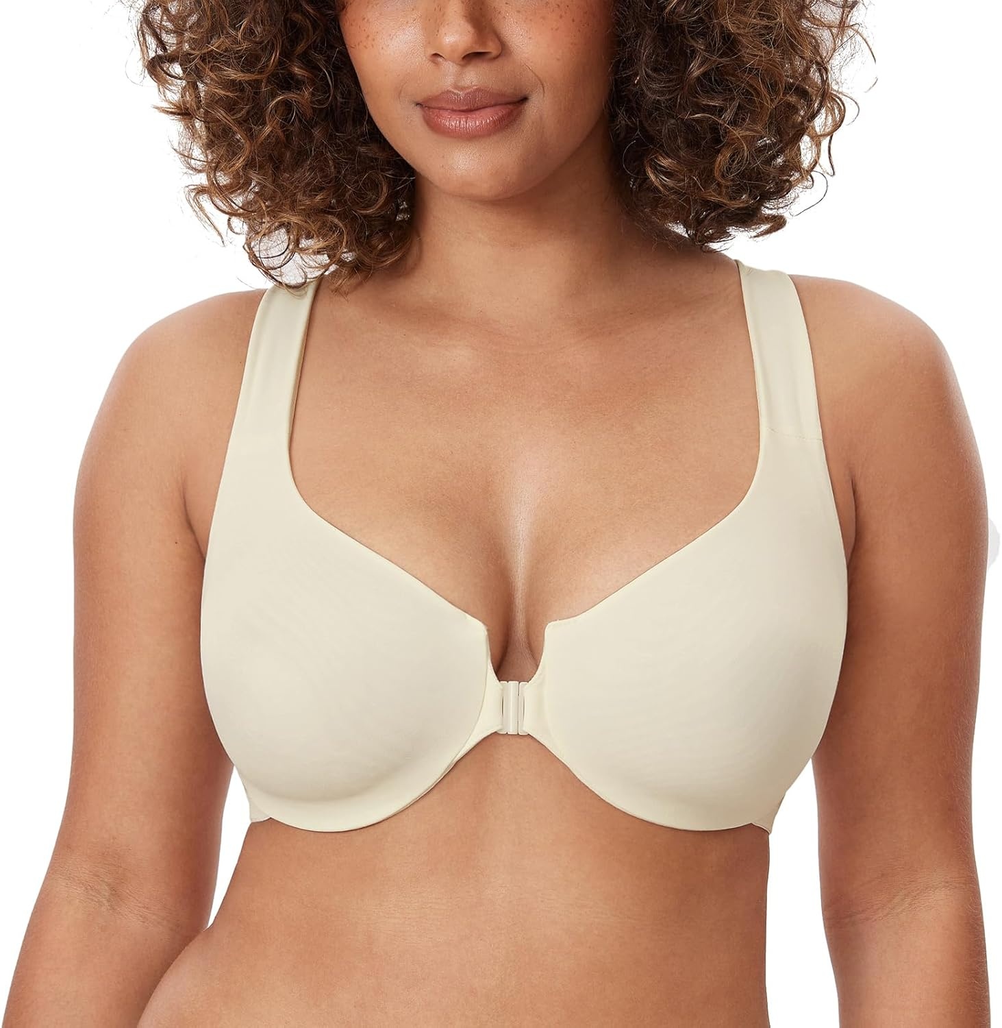 image:imageDELIMIRA Womens Front Closure Racerback Bras Plus Size Underwire Unlined Full Coverage Plunge BrasIvory