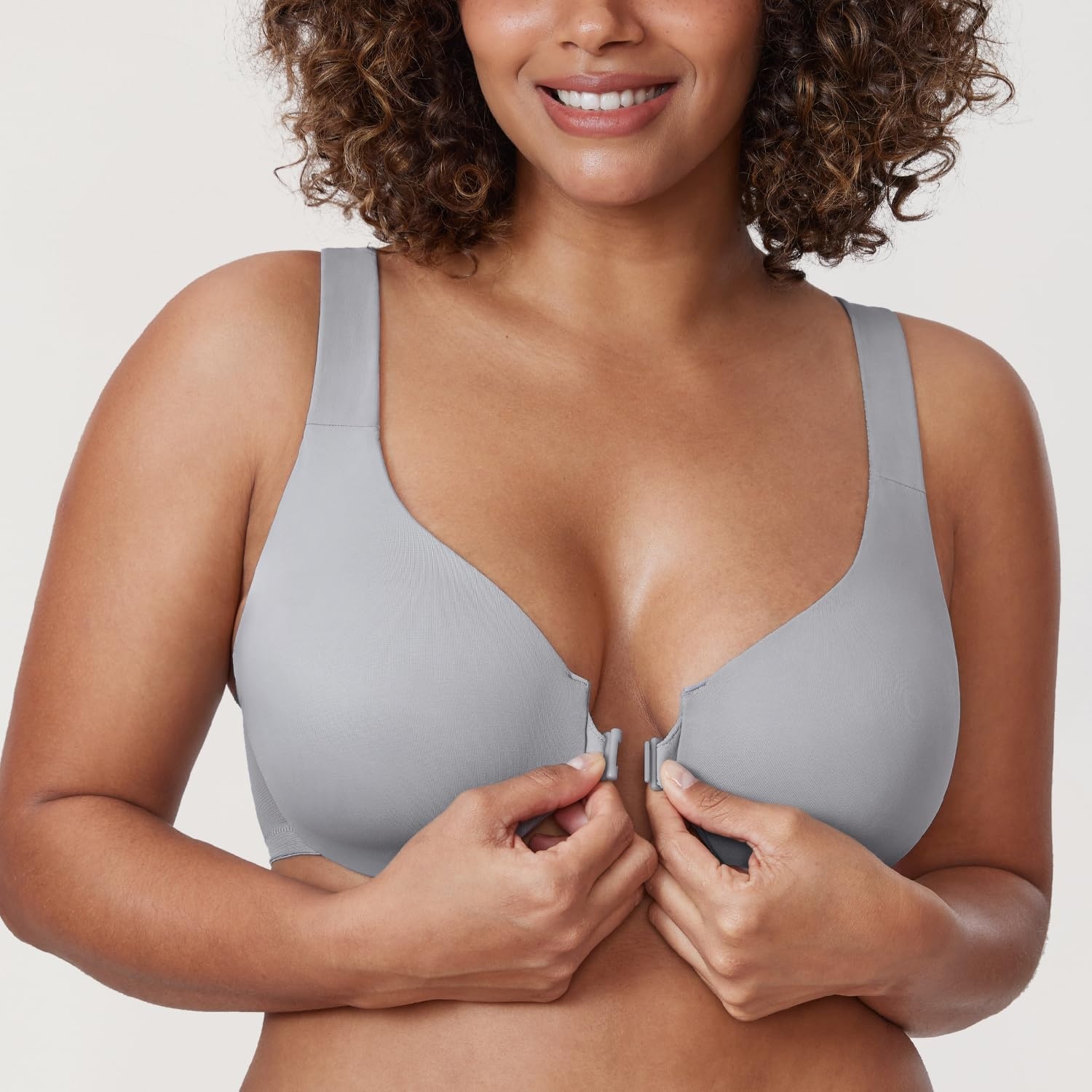 image:imageDELIMIRA Womens Front Closure Racerback Bras Plus Size Underwire Unlined Full Coverage Plunge BrasQuantum Grey