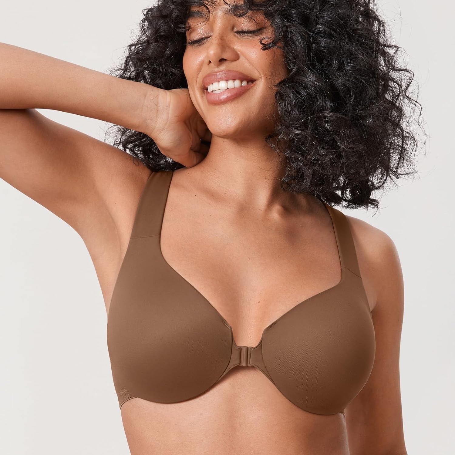 image:imageDELIMIRA Womens Front Closure Racerback Bras Plus Size Underwire Unlined Full Coverage Plunge BrasSandalwood Brown