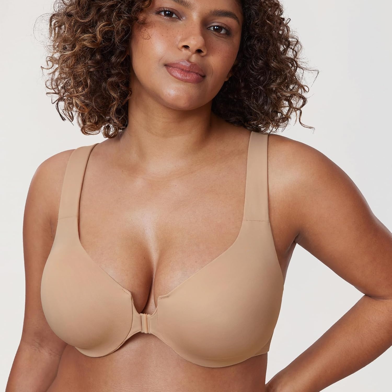image:imageDELIMIRA Womens Front Closure Racerback Bras Plus Size Underwire Unlined Full Coverage Plunge BrasTaupe Tan