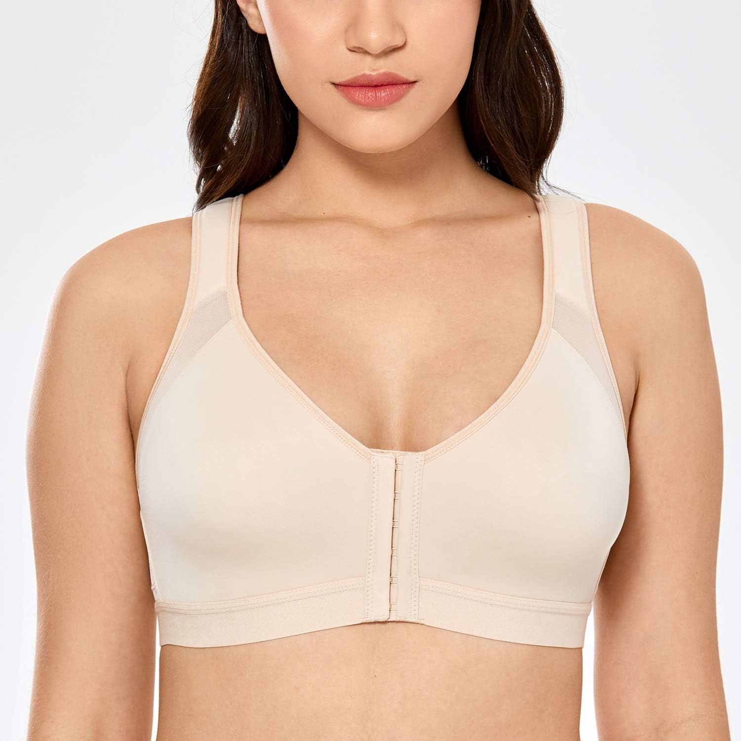 image:imageDELIMIRA Womens Full Coverage Front Closure Wire Free Back Support Posture BraTaupe Tan