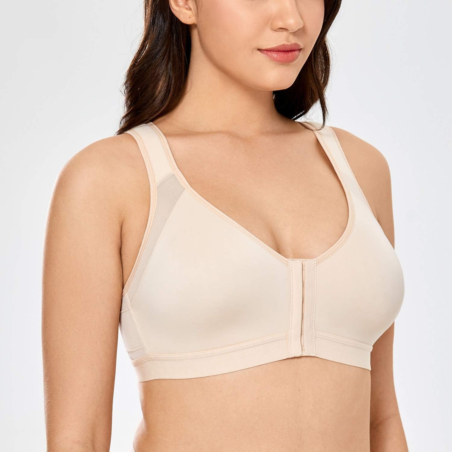 image:imageDELIMIRA Womens Full Coverage Front Closure Wire Free Back Support Posture BraTaupe Tan