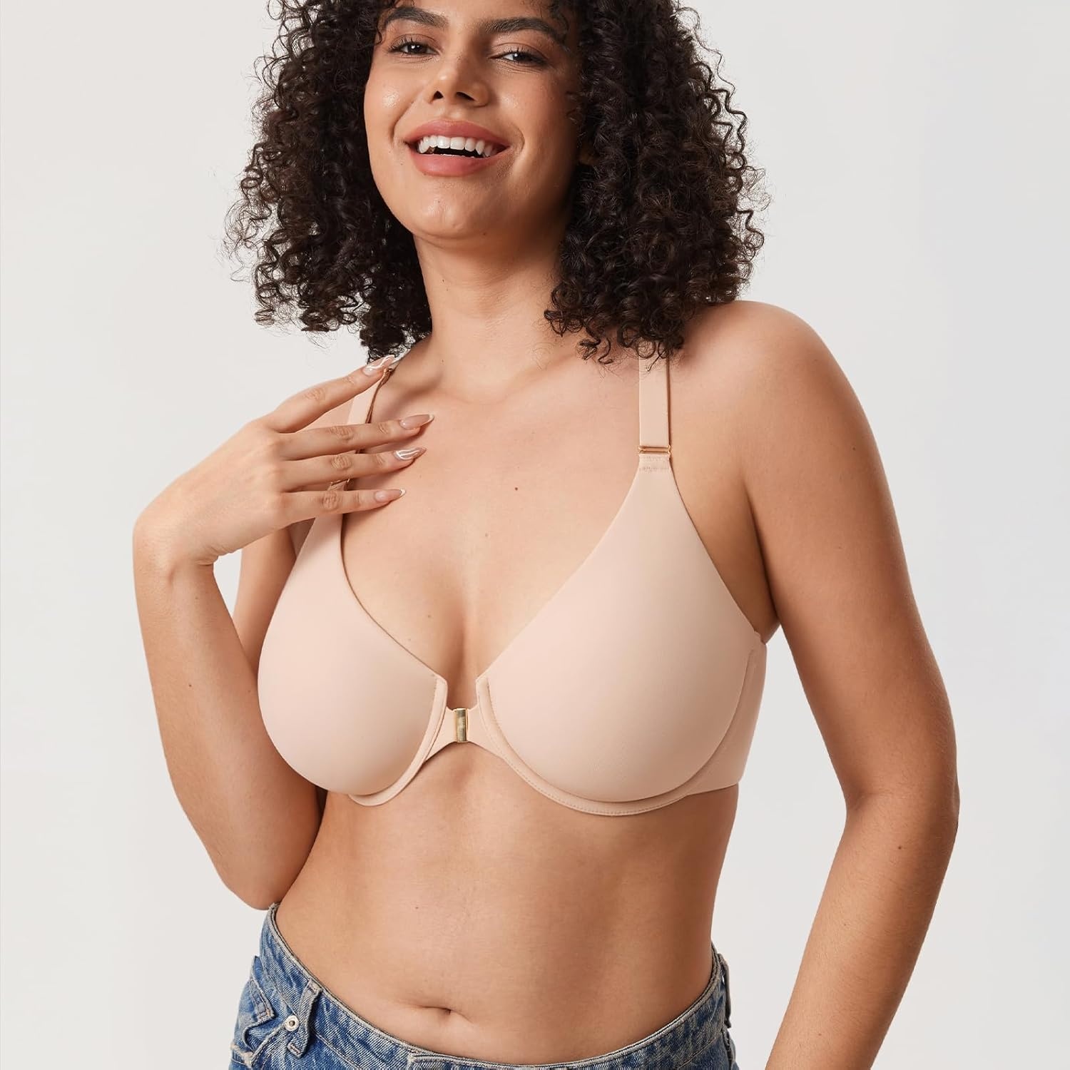 image:imageDELIMIRA Womens Inbarely Plus Front Closure Bras Racerback No Padding Full Coverage Plus Size Underwire BraBeige