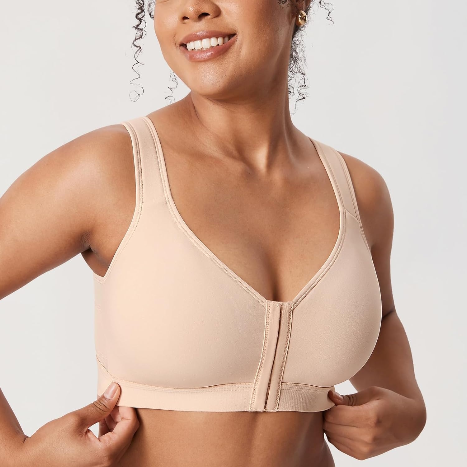 image:imageDELIMIRA Womens Inbarely Plus Posture Bras Front Closure Lightly Padded Plus Size Wireless Full Coverage BraBeige
