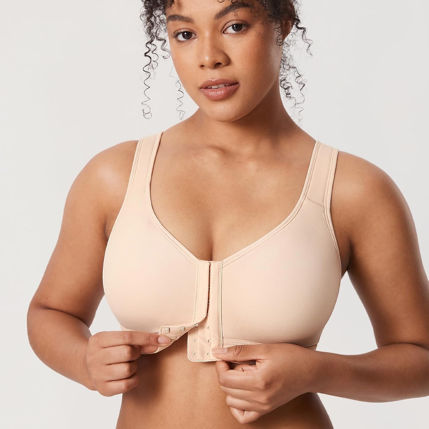 image:imageDELIMIRA Womens Inbarely Plus Posture Bras Front Closure Lightly Padded Plus Size Wireless Full Coverage BraBeige