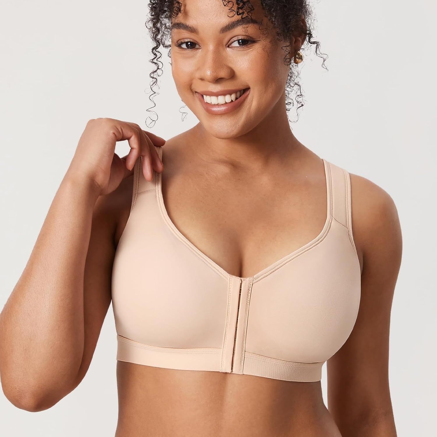 image:imageDELIMIRA Womens Inbarely Plus Posture Bras Front Closure Lightly Padded Plus Size Wireless Full Coverage BraBeige
