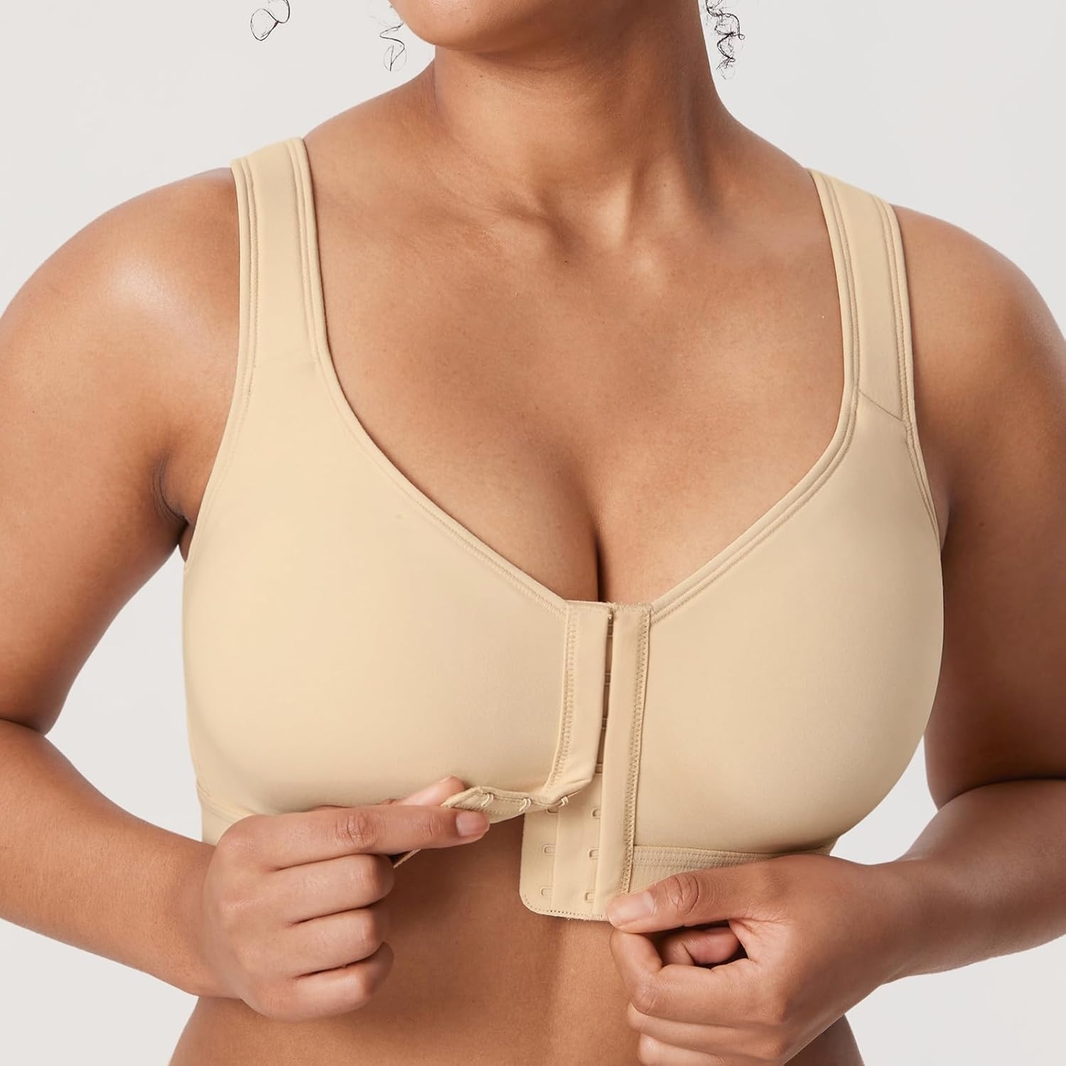 image:imageDELIMIRA Womens Inbarely Plus Posture Bras Front Closure Lightly Padded Plus Size Wireless Full Coverage BraLight Oatmeal