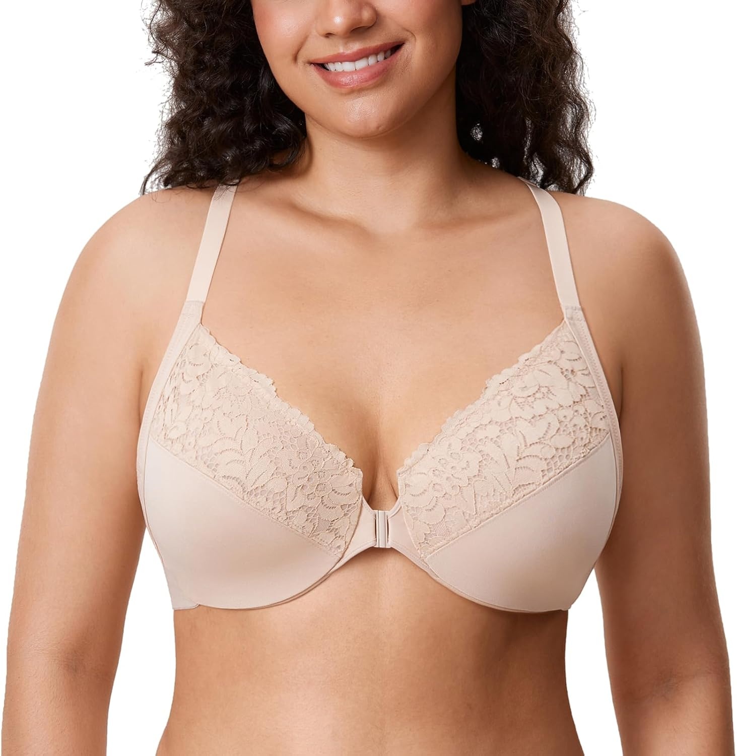 image:imageDELIMIRA Womens Racerback Front Closure Bras Lace Plus Size Full Coverage Underwire Unlined Support BraBeige