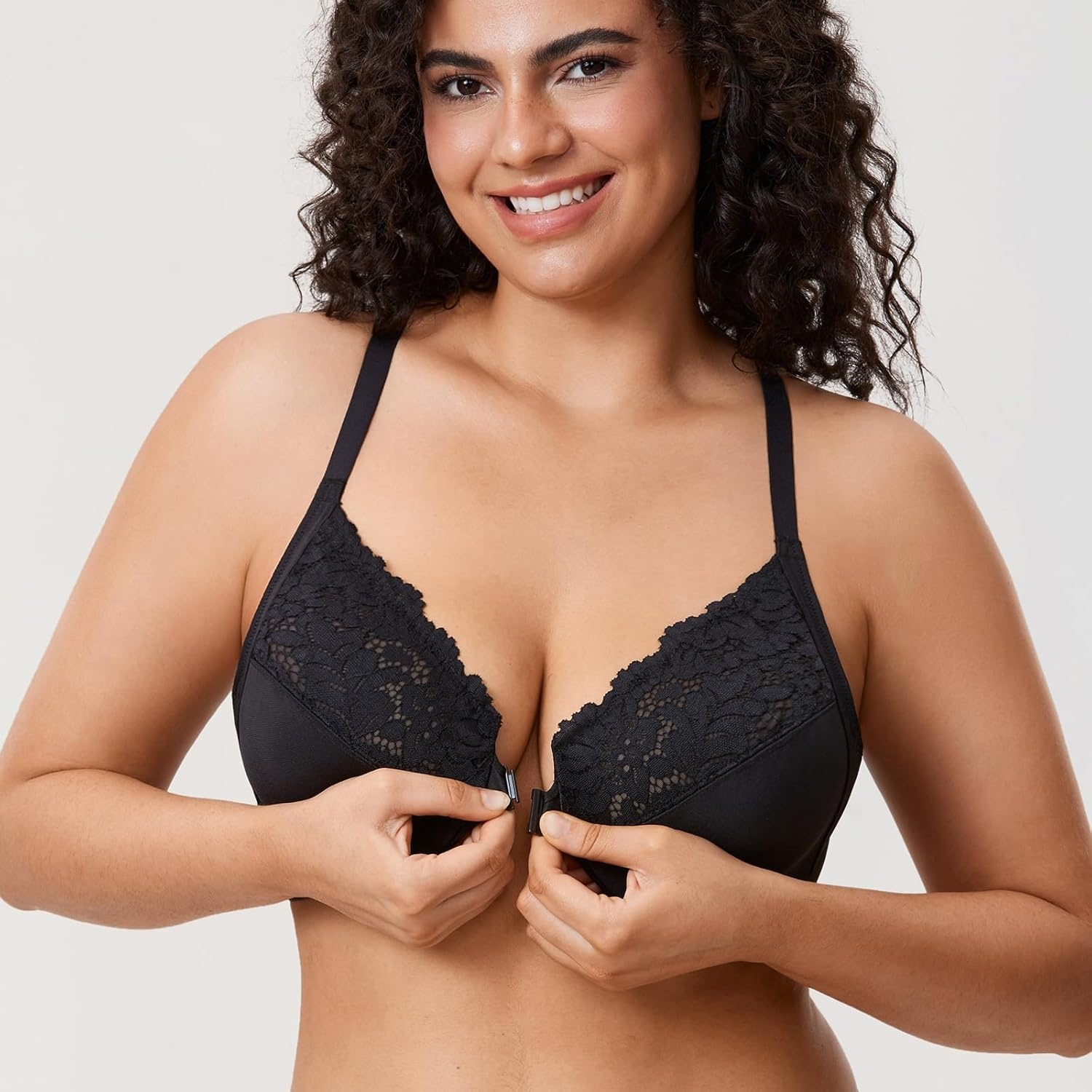 image:imageDELIMIRA Womens Racerback Front Closure Bras Lace Plus Size Full Coverage Underwire Unlined Support BraBlack