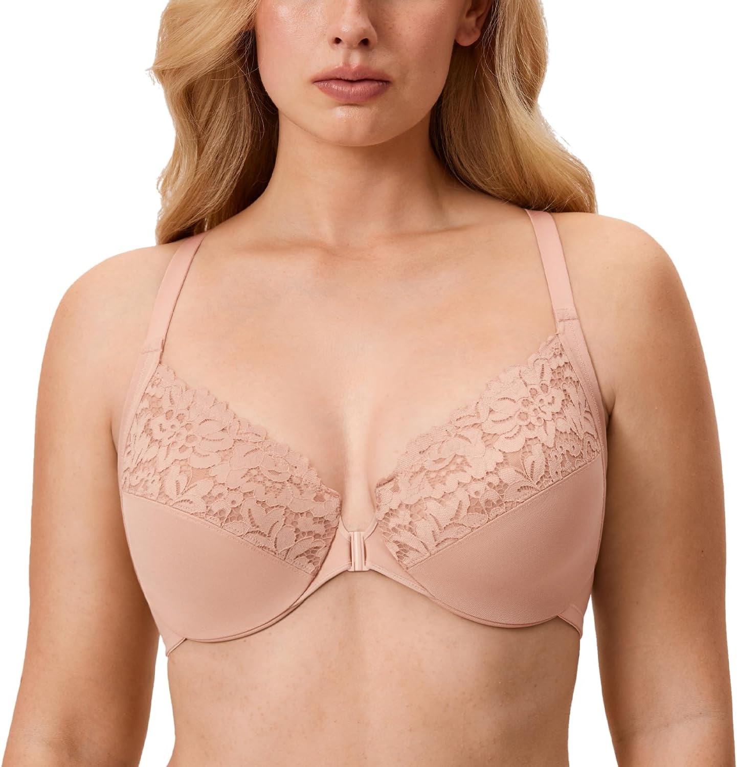 image:imageDELIMIRA Womens Racerback Front Closure Bras Lace Plus Size Full Coverage Underwire Unlined Support BraBlush Beige