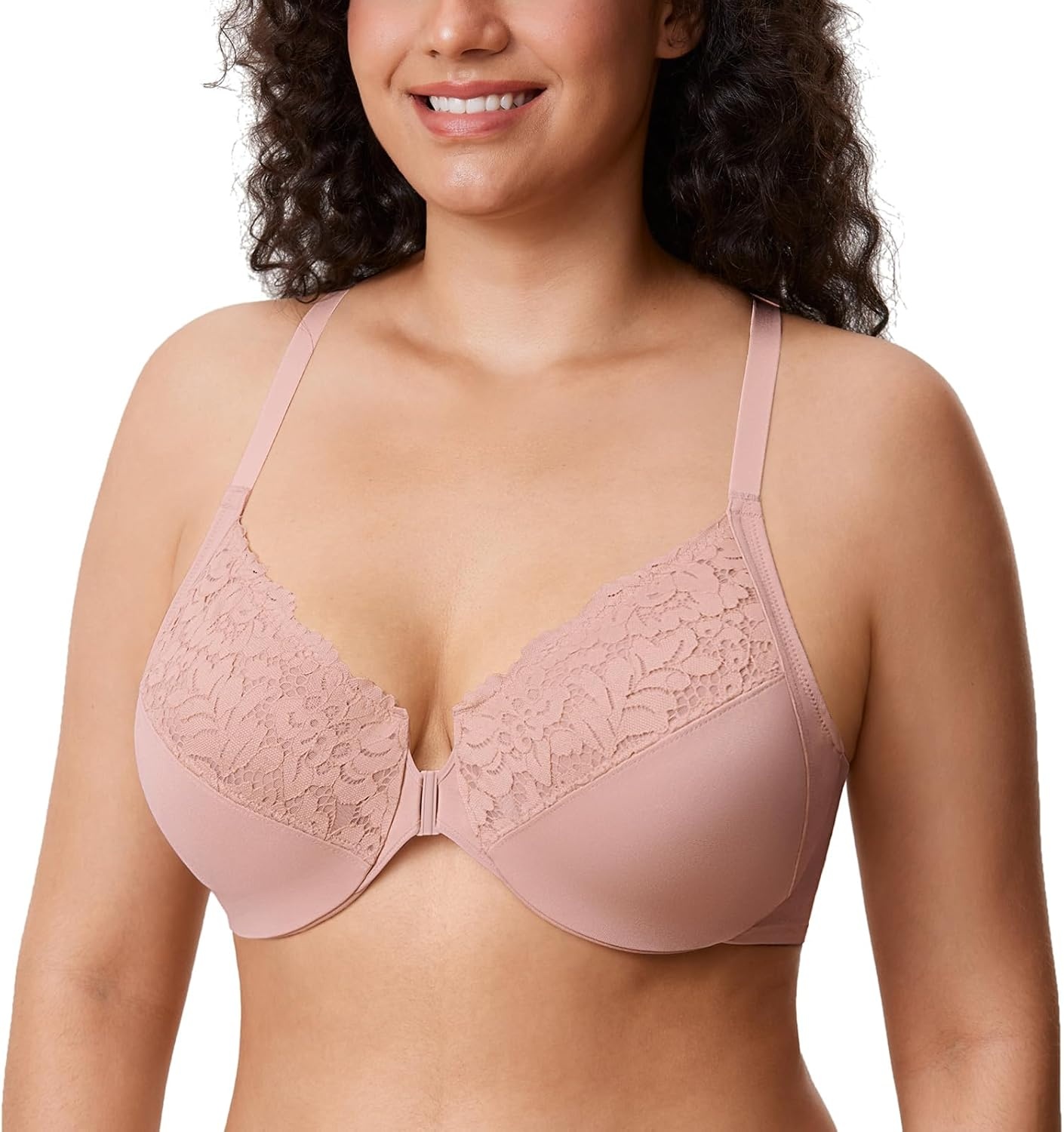 image:imageDELIMIRA Womens Racerback Front Closure Bras Lace Plus Size Full Coverage Underwire Unlined Support BraRose Smoked