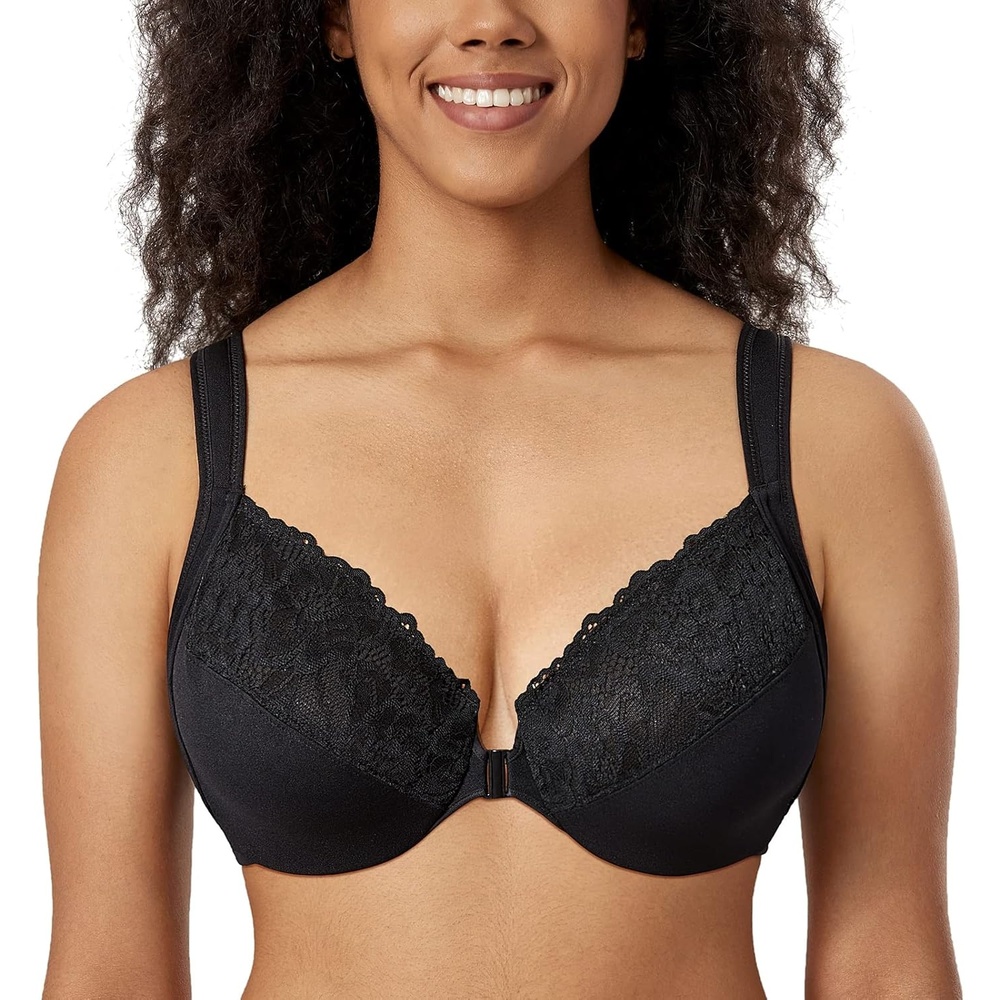 image:imageDELIMIRA Womens Front Closure Bras Plus Size Full Coverage Underwire Unlined Supportive Lace BraBlack