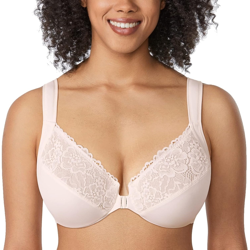 image:imageDELIMIRA Womens Front Closure Bras Plus Size Full Coverage Underwire Unlined Supportive Lace BraCoconut White