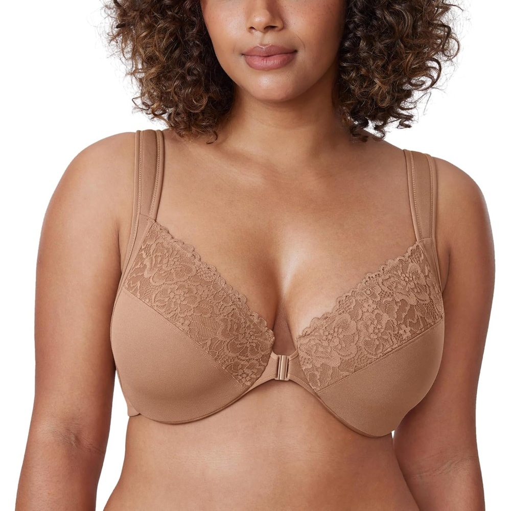 image:imageDELIMIRA Womens Front Closure Bras Plus Size Full Coverage Underwire Unlined Supportive Lace BraGravel Beige