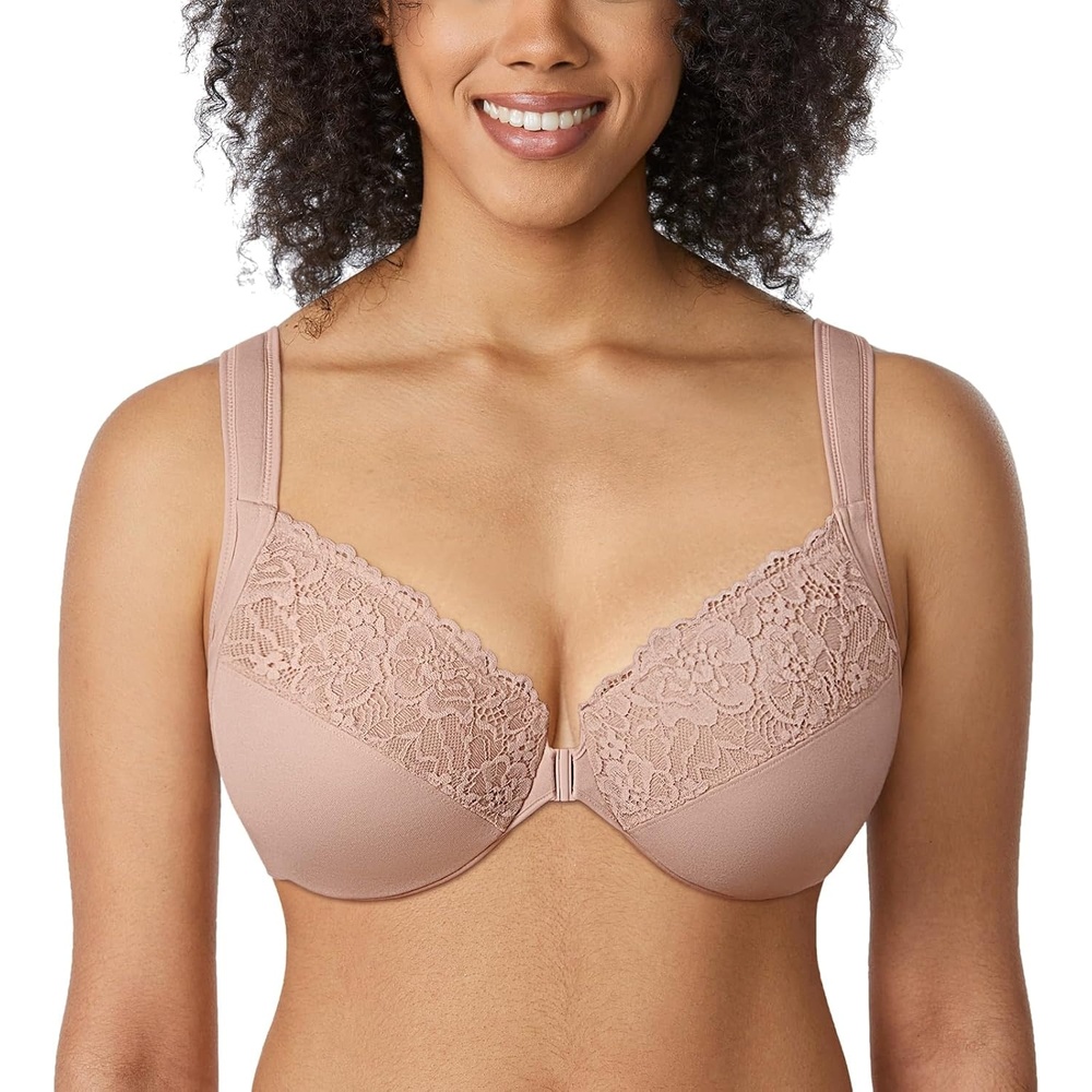 image:imageDELIMIRA Womens Front Closure Bras Plus Size Full Coverage Underwire Unlined Supportive Lace BraPearl Champagne