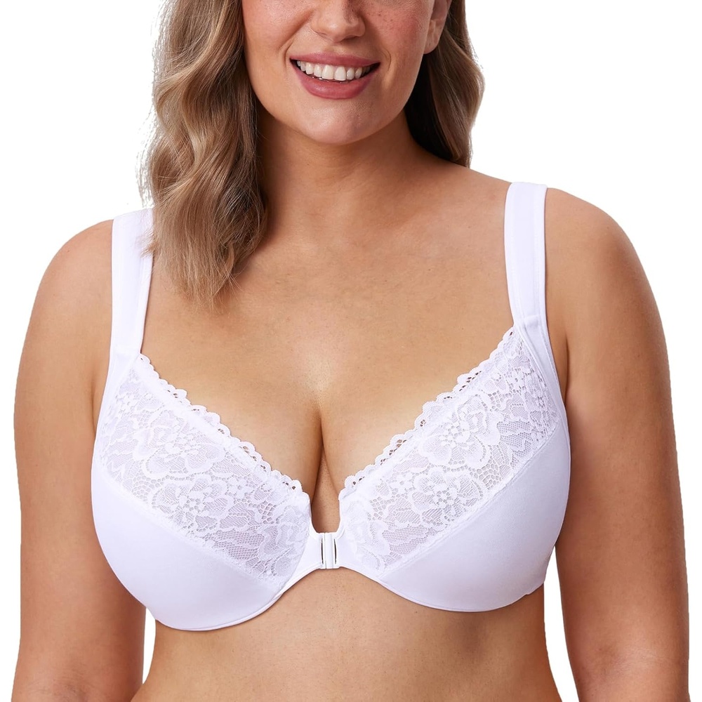 image:imageDELIMIRA Womens Front Closure Bras Plus Size Full Coverage Underwire Unlined Supportive Lace BraWhite