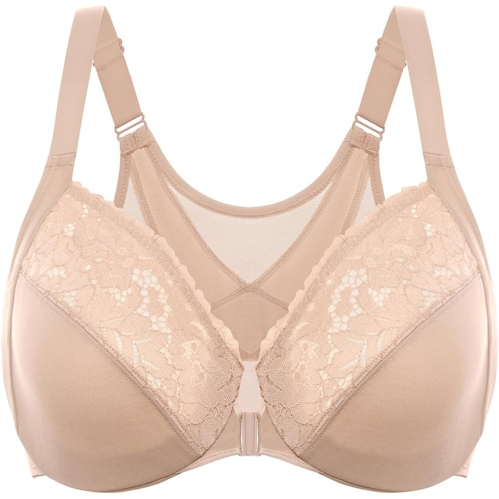 image:imageDELIMIRA Womens Front Closure Bras Posture Full Coverage Plus Size Lace Underwire Unlined BraBeige