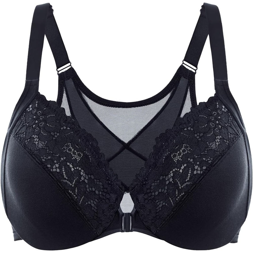 image:imageDELIMIRA Womens Front Closure Bras Posture Full Coverage Plus Size Lace Underwire Unlined BraBlack