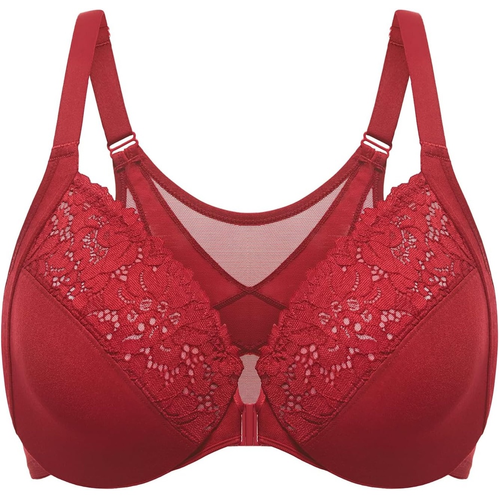 image:imageDELIMIRA Womens Front Closure Bras Posture Full Coverage Plus Size Lace Underwire Unlined BraDark Red