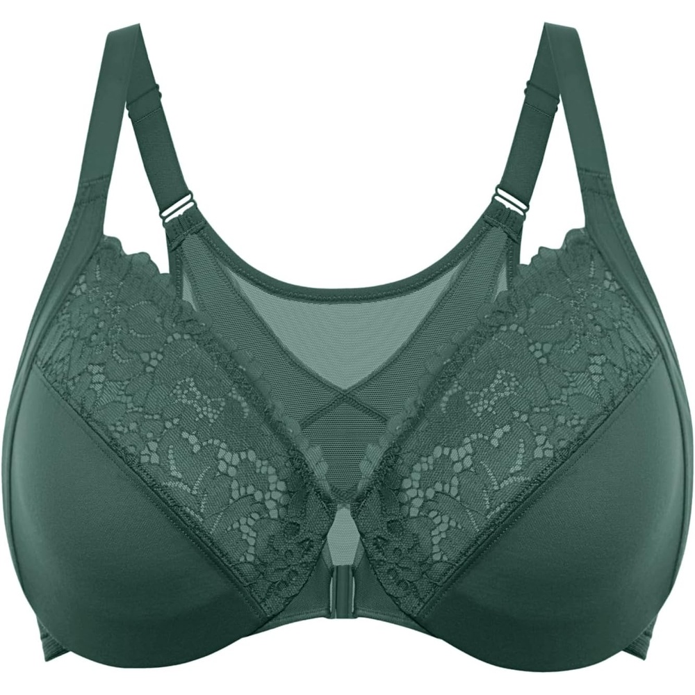 image:imageDELIMIRA Womens Front Closure Bras Posture Full Coverage Plus Size Lace Underwire Unlined BraMidnight Emerald