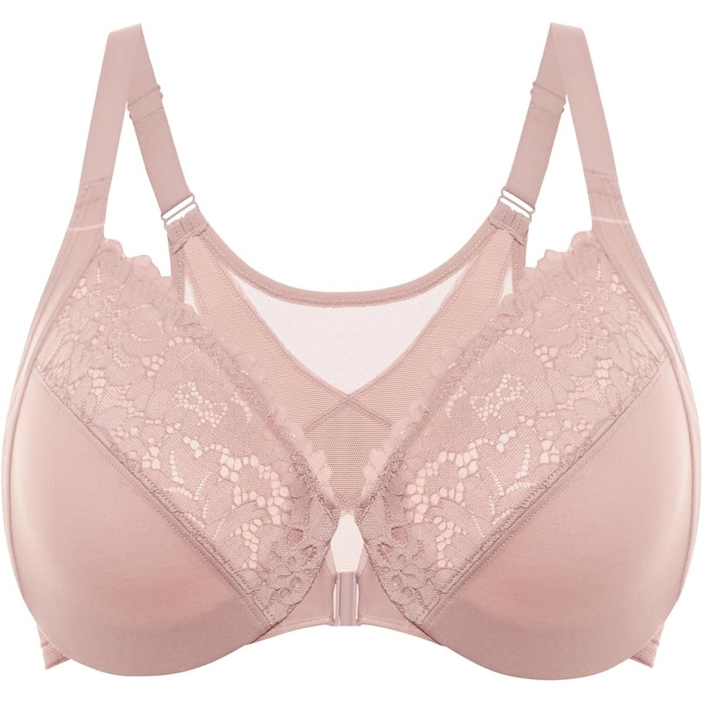 image:imageDELIMIRA Womens Front Closure Bras Posture Full Coverage Plus Size Lace Underwire Unlined BraRose Smoked