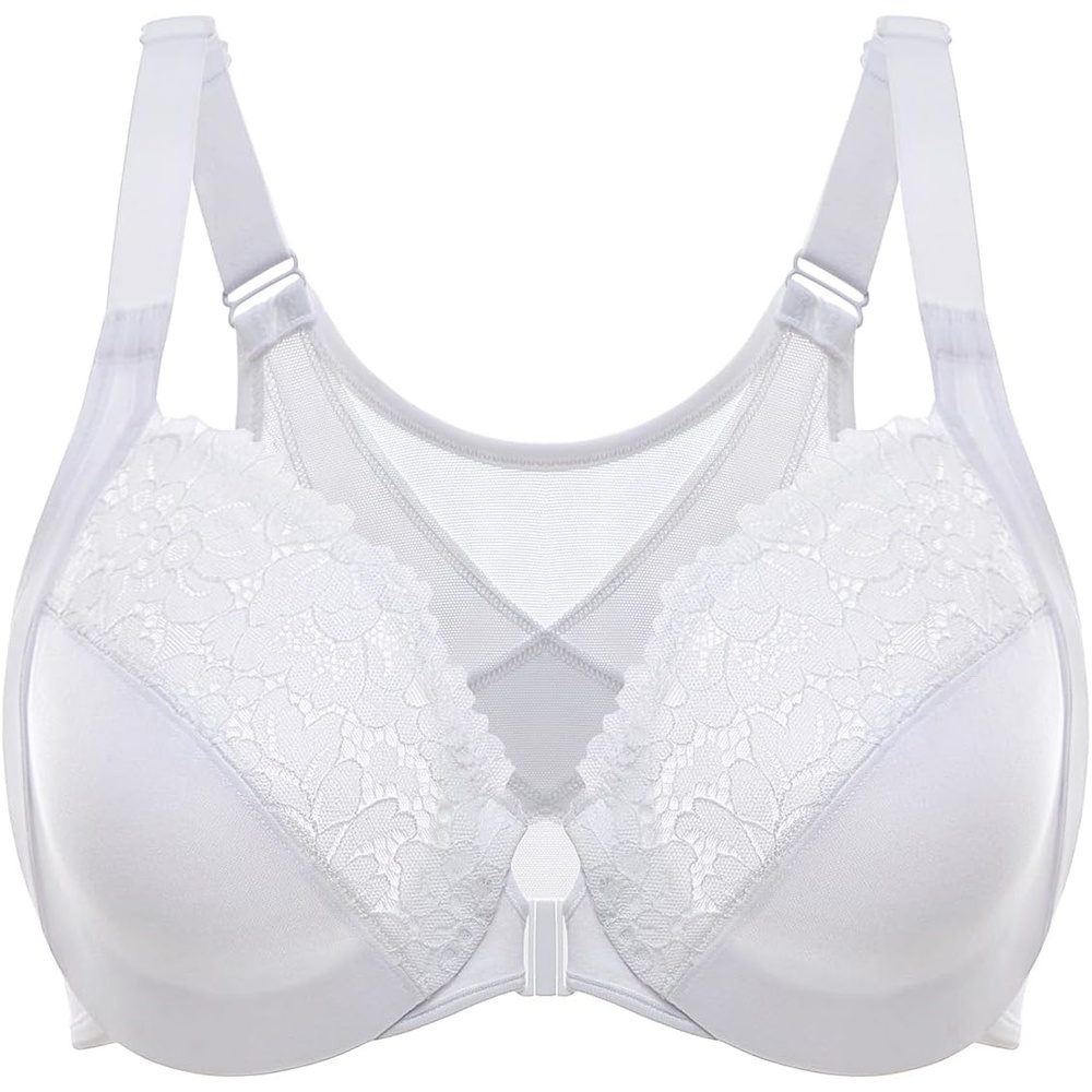 image:imageDELIMIRA Womens Front Closure Bras Posture Full Coverage Plus Size Lace Underwire Unlined BraWhite
