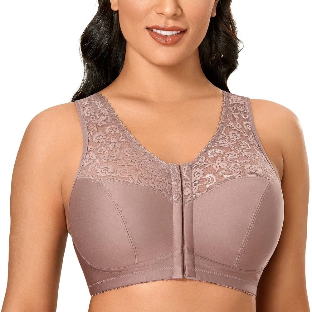 image:imageDELIMIRA Womens Front Closure Bras Racerback No Underwire Plus Size Full Coverage Lace Cotton BraMochaccino