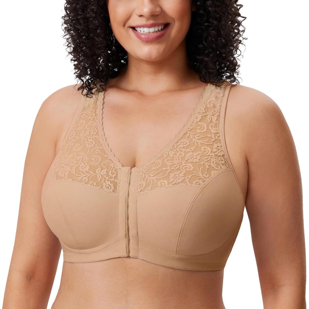 image:imageDELIMIRA Womens Front Closure Bras Racerback No Underwire Plus Size Full Coverage Lace Cotton BraTaupe Tan