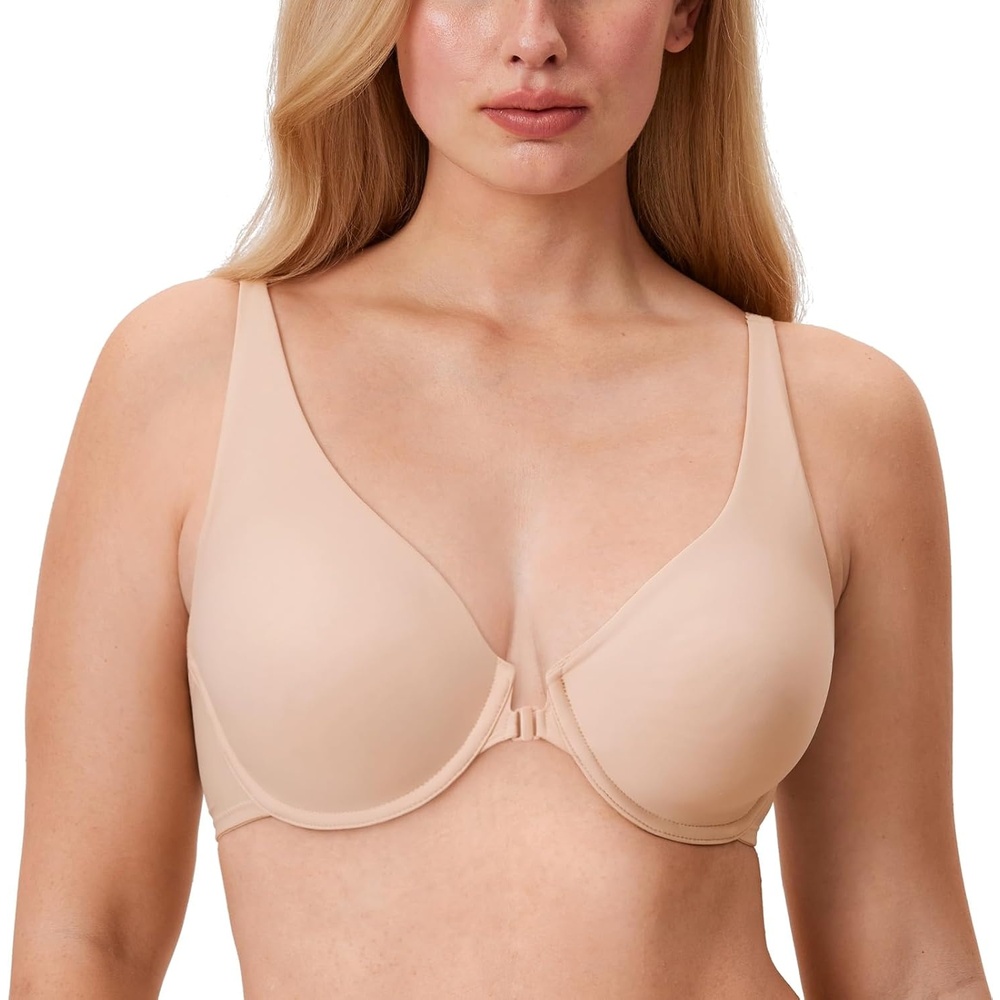 image:imageDELIMIRA Womens Front Closure Bras Seamless Plus Size Plunge Underwire Unlined Comfortable BraBeige