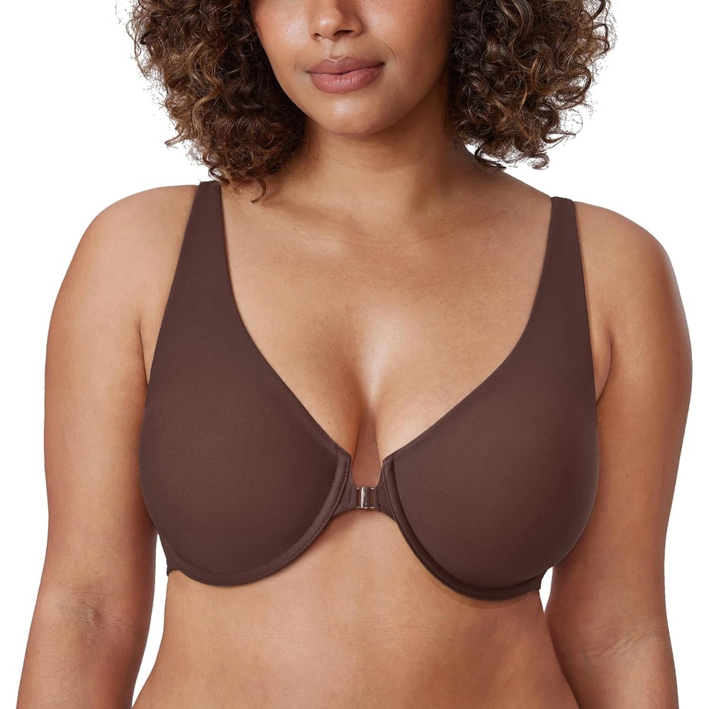 image:imageDELIMIRA Womens Front Closure Bras Seamless Plus Size Plunge Underwire Unlined Comfortable BraHazelnut