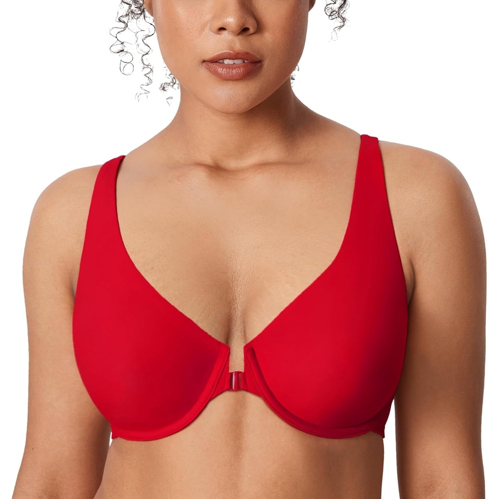 image:imageDELIMIRA Womens Front Closure Bras Seamless Plus Size Plunge Underwire Unlined Comfortable BraLipstick Red