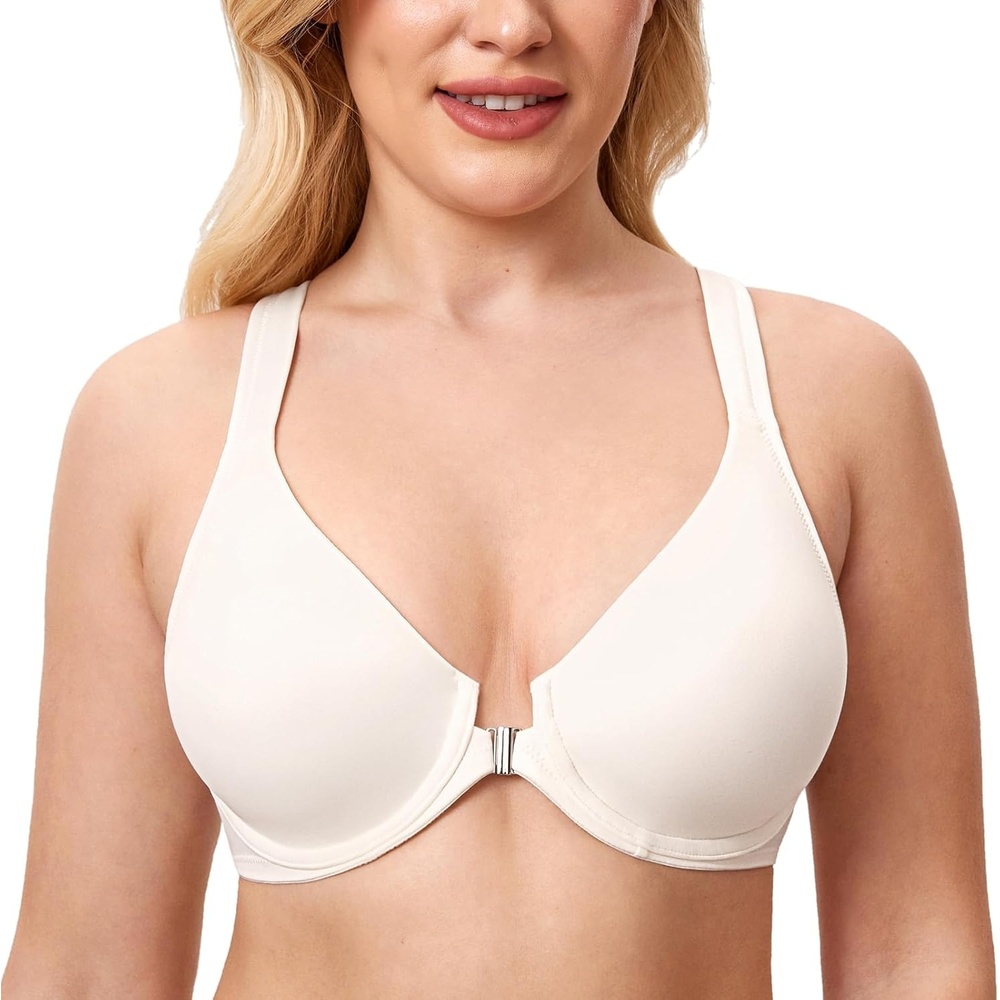 image:imageDELIMIRA Womens Front Closure Full Coverage Bras Plus Size Underwire Racerback Supportive Plunge Unlined BraIvory