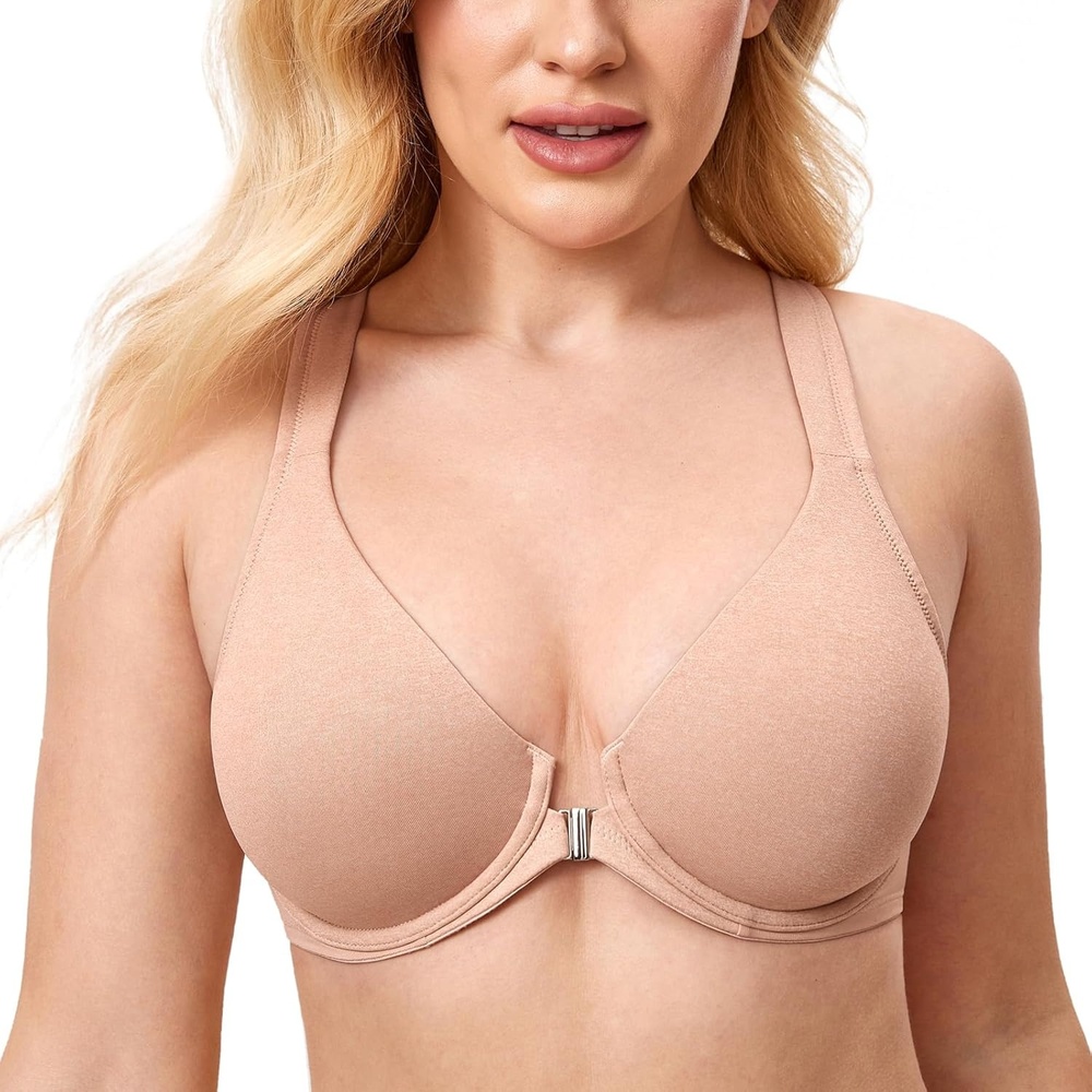 image:imageDELIMIRA Womens Front Closure Full Coverage Bras Plus Size Underwire Racerback Supportive Plunge Unlined BraOatmeal Heather