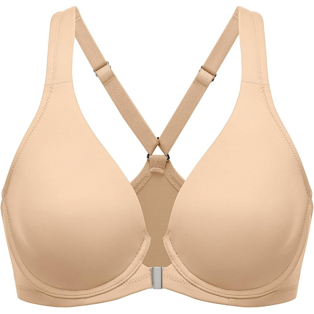 image:imageDELIMIRA Womens Front Closure Full Coverage Bras Plus Size Underwire Racerback Supportive Plunge Unlined BraWarm Beige
