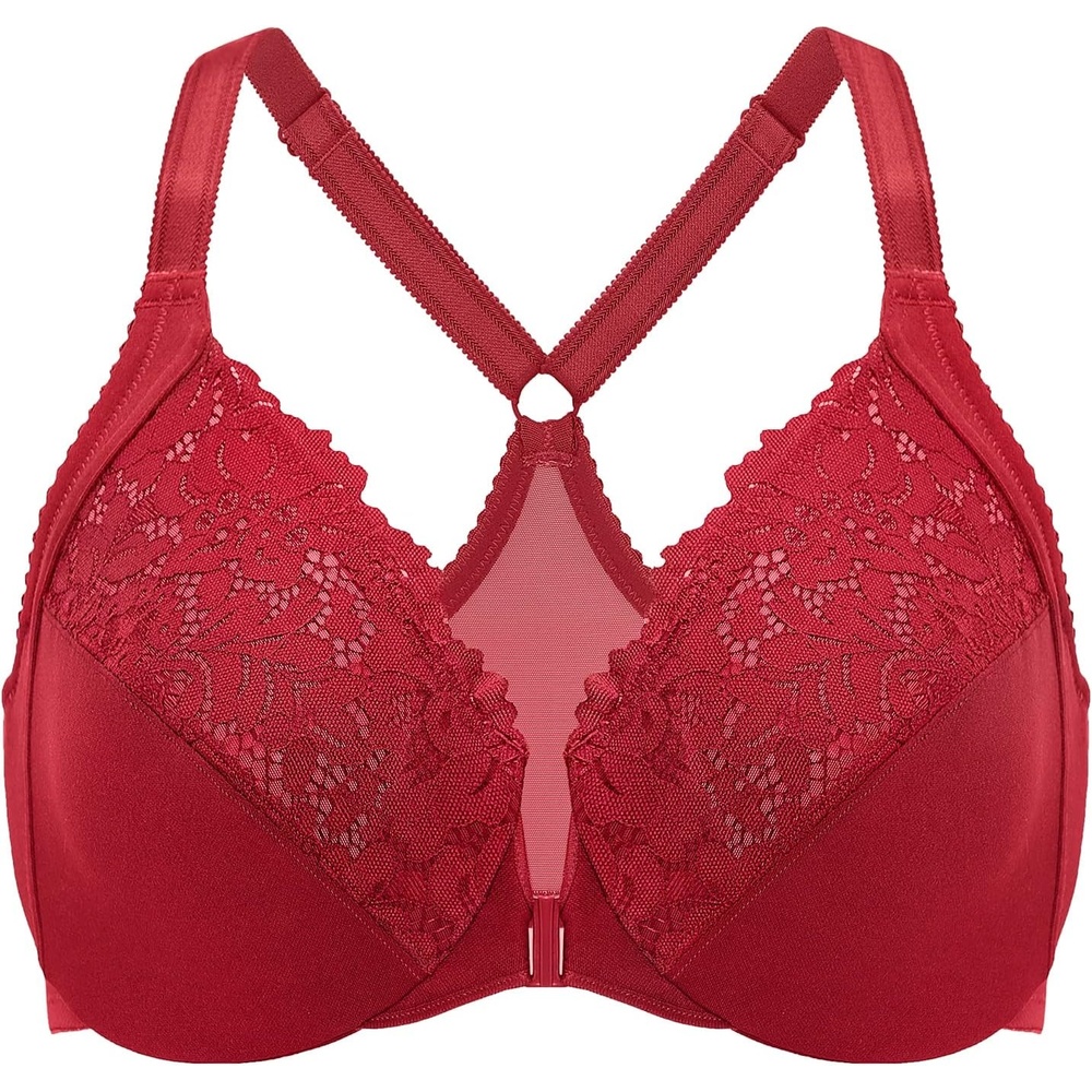 image:imageDELIMIRA Womens Front Closure Plus Size Full Coverage Lace Underwire Racerback BraDark Red