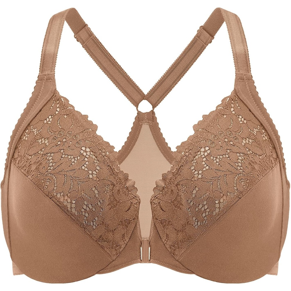 image:imageDELIMIRA Womens Front Closure Plus Size Full Coverage Lace Underwire Racerback BraGravel Beige