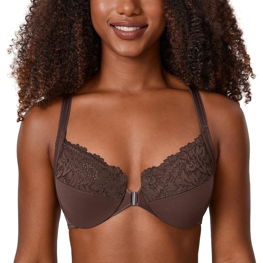 image:imageDELIMIRA Womens Front Closure Plus Size Full Coverage Lace Underwire Racerback BraHazelnut