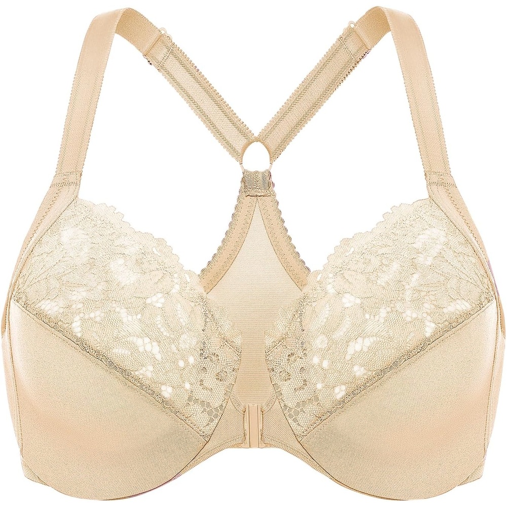 image:imageDELIMIRA Womens Front Closure Plus Size Full Coverage Lace Underwire Racerback BraLight Oatmeal
