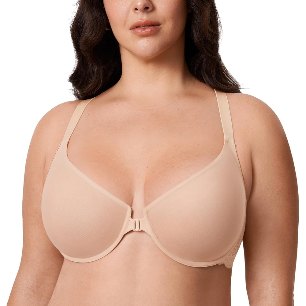 image:imageDELIMIRA Womens Front Closure Racerback Bra Sheer Mesh Plus Size Full Coverage Underwire Unlined BrasBeige