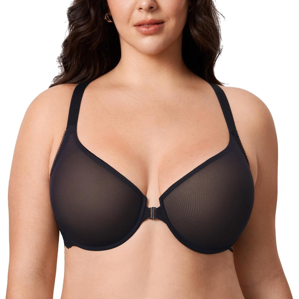 image:imageDELIMIRA Womens Front Closure Racerback Bra Sheer Mesh Plus Size Full Coverage Underwire Unlined BrasBlack