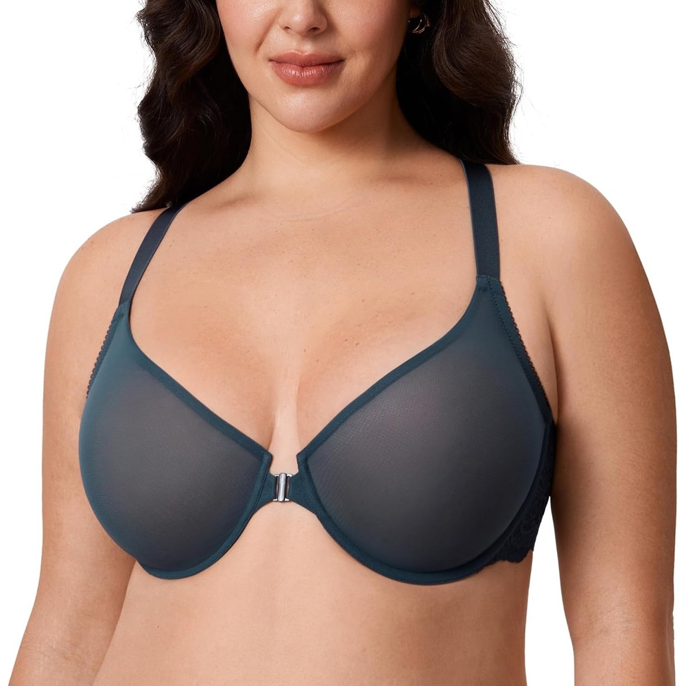 image:imageDELIMIRA Womens Front Closure Racerback Bra Sheer Mesh Plus Size Full Coverage Underwire Unlined BrasSargasso